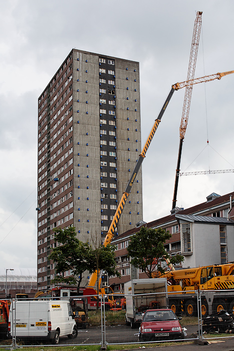 The high-rise, from the rear The high rise, from the rear, showing lots of blue barrels