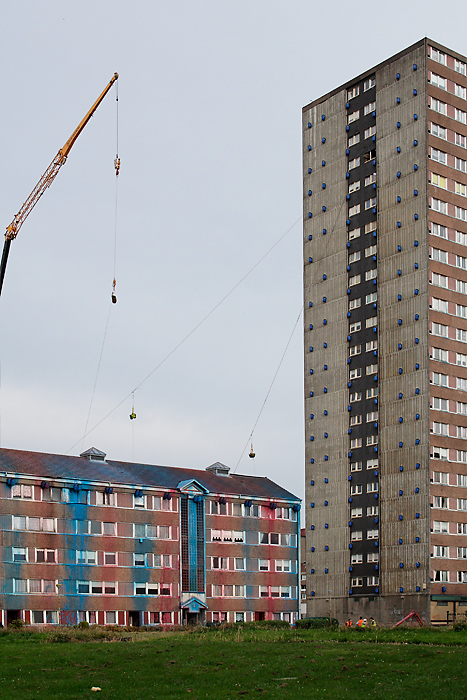 Low-rise flats, with red and blue paint from earlier Low-rise flats, with red and blue paint from earlier